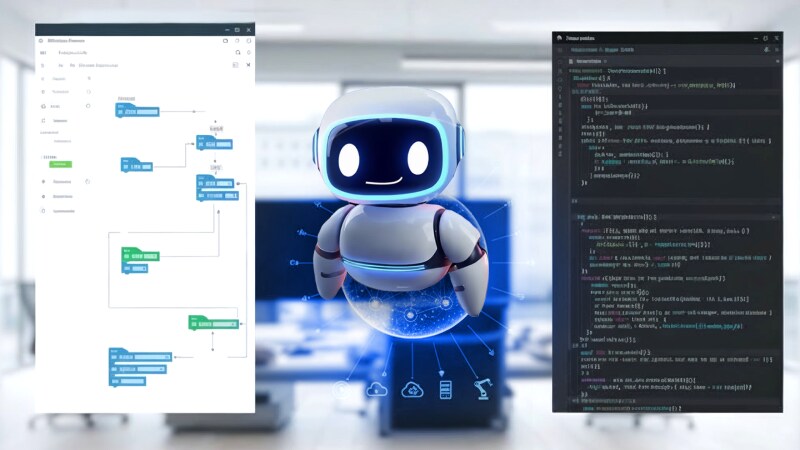 workflow window, window with code and a robot