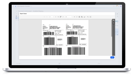 A screenshot of the OpenText B2B Integration Essentials user interface showing shipment labels with barcode and ASN information