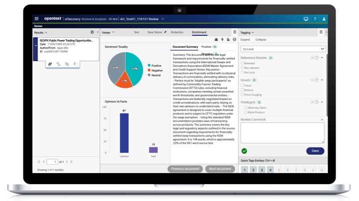eDiscovery Aviator review workspace showing document summarization