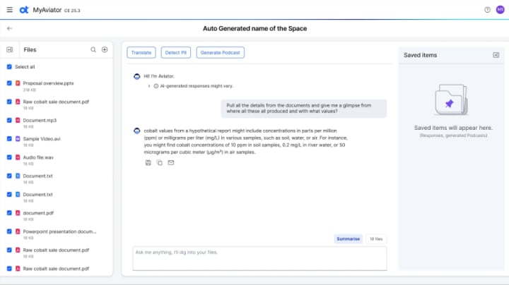 MyAviator chat interface demonstrating natural language questions being asked about uploaded content to search, summarize, and analyze documents.