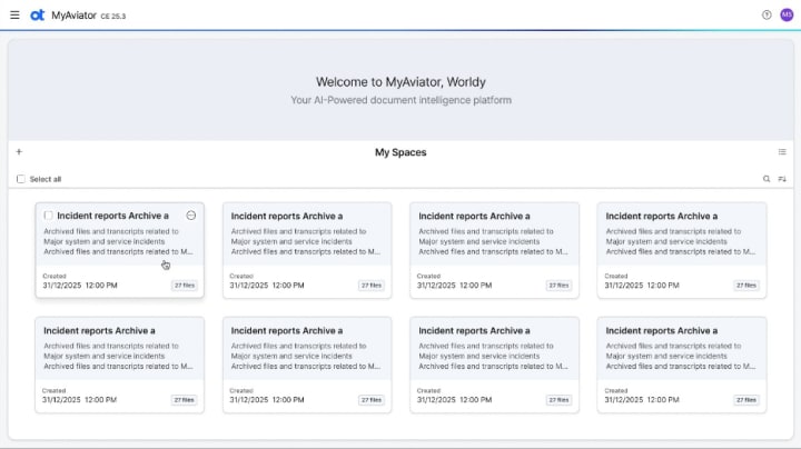MyAviator dashboard showing integration with other OpenText applications to connect personal documents with business content and generate insights.