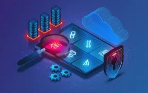 Cybersecurity-themed illustration with servers, bug icon, shield, and cloud