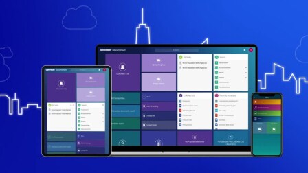 A screenshot of the OpenText Documentum Content Management user interface login screen displayed on multiple devices.