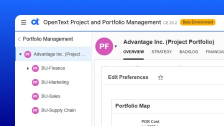 A screenshot of the OpenText Project and Portfolio Management user interface showing a customized dashboard.
