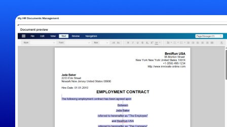 A screenshot of the OpenText Core Content Management for SAP SuccessFactors user interface displaying a document template.