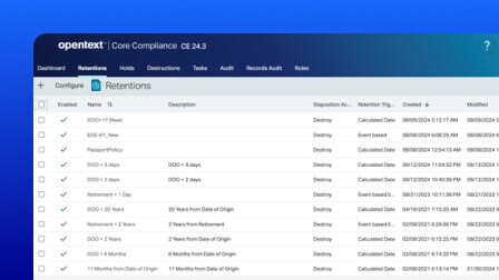A screenshot of the OpenText Core Content Management for SAP SuccessFactors showing the retention policies menu.