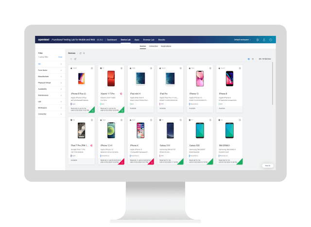 A desktop computer showing OpenText Functional Testing Lab for Mobile and Web