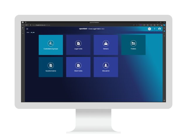 Dashboard of OpenText Core Legal Hold interface on a computer