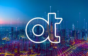 Futuristic city skyline at night with glowing vertical lines representing data connections, overlaid with large white OpenText ‘ot’ logo