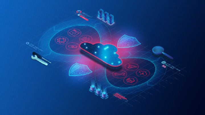 Diagram of a secure DevOps software supply chain with icons for development, testing, deployment, and security