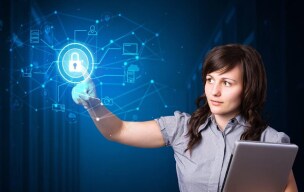 Woman tapping on digital lock