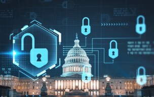 A holographic display of digital locks and security with a government building in the background