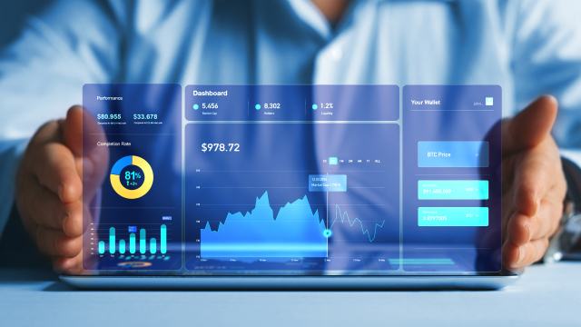 Businessman using tablet with 3d data visual