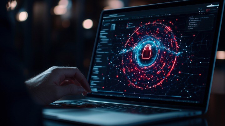 A person using a laptop displaying digital lock for cybersecurity.
