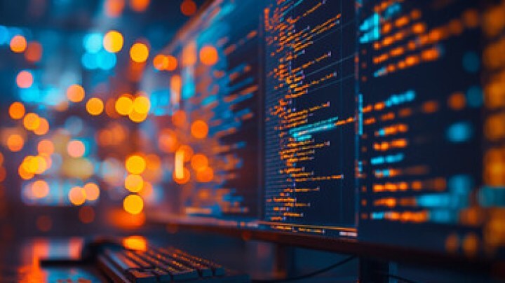 A computer monitor displaying colorful lines of code