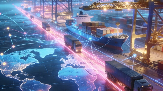 Digital supply chain logistics with cargo ship and trucks at smart port