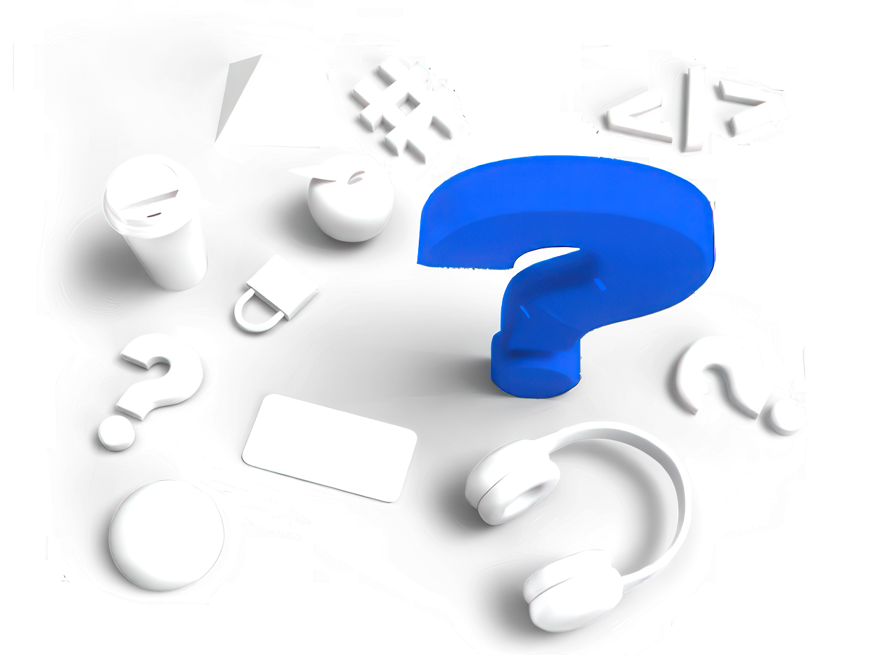 blue question mark surrounded by tech symbols