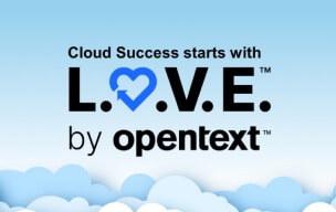 A cloud-themed graphic with the text: Cloud success starts with LOVE by OpenText.