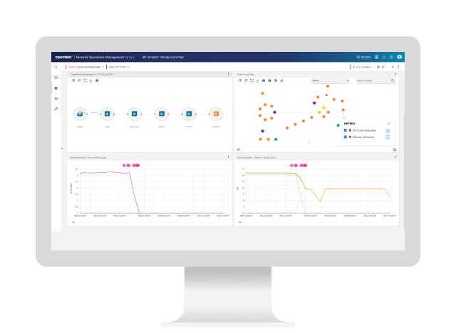 OpenText Network Operations Management platform dashboard UI on a computer