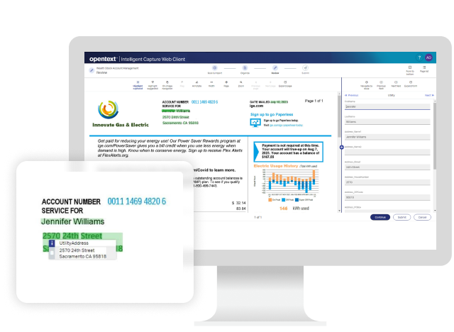 OpenText Capture dashboard displaying account billing documents and thumbnails