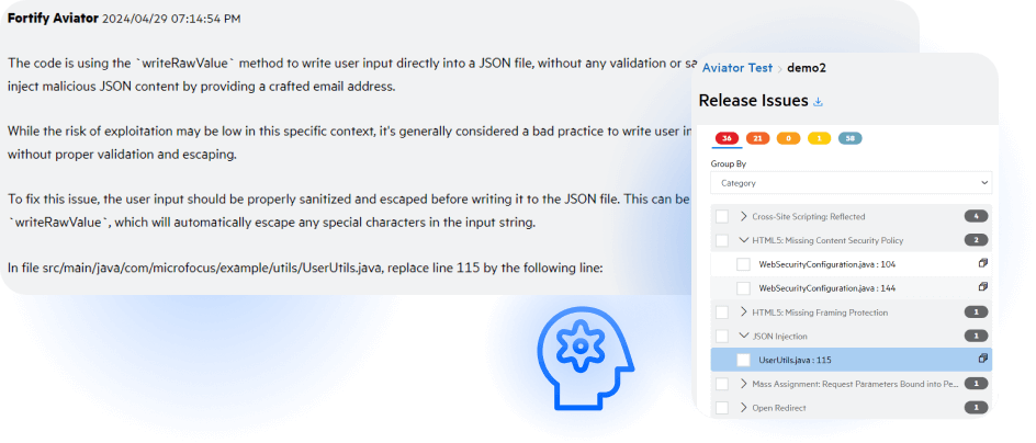 AI-powered code audit showing SAST vulnerability, risk context, and recommended secure fix
