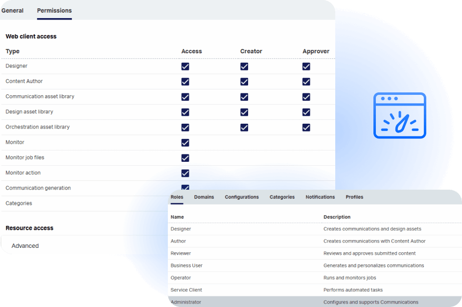 OpenText Core Communications permissions and roles dashboard view