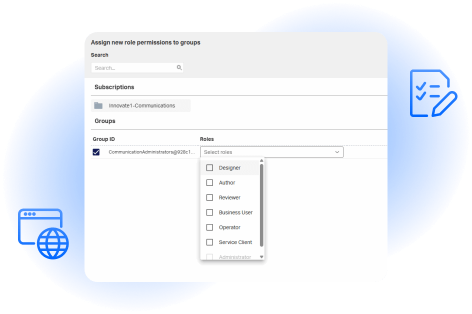 OpenText Core Communications product view of assigning new role permissions to groups