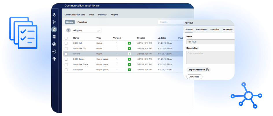 A screenshot of OpenText Core Content Management showing the communication asset library