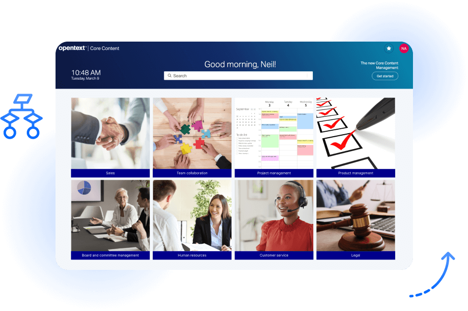 OpenText Core Content Management user interface showing the log in screen