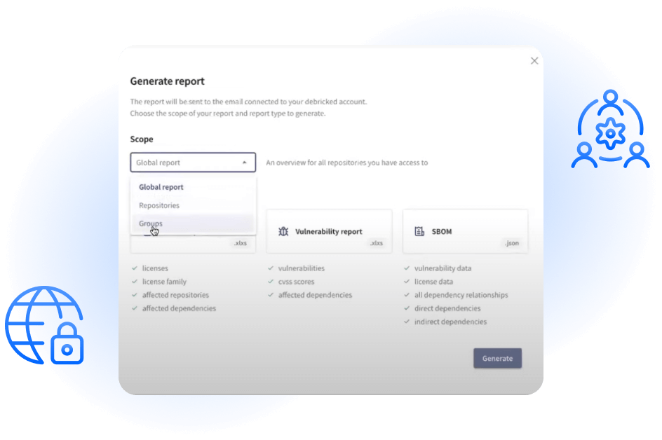 A screenshot of OpenText Core Software Composition Analysis user interface showing reporting options