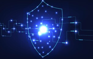 Blue cybersecurity shield made of connected lights